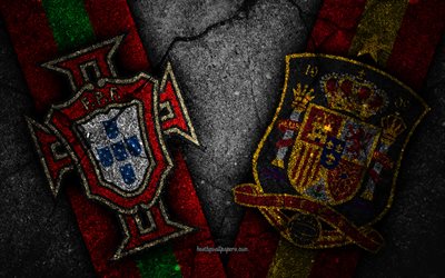 Portugal vs Spain, 4k, FIFA World Cup 2018, Group B, logo, Russia 2018, Soccer World Cup, Spain football team, Portugal football team, black stone, asphalt texture