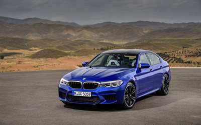 BMW M5, 2018, M5, front view, blue sedan, business class, new blue M5, F90, BMW
