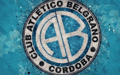 Club Atletico Belgrano, 4k, logotyp, geometriska art, Argentinsk fotboll club, bl&#229; abstrakt bakgrund, Argentinska Primera Division, fotboll, Cordoba, Argentina, kreativ konst, Belgrano FC