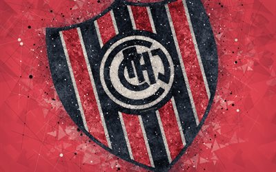 Chacarita Juniors, 4k, logo, geometrinen taide, Argentiinalainen jalkapalloseura, punainen abstrakti tausta, Argentiinan Primera Division, jalkapallo, Villa Maypu, Argentiina, creative art