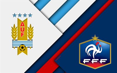 Uruguay vs France, 4k, material design, Round 8, abstract, logos, 2018 FIFA World Cup, Russia 2018, football match, July 6, Nizhny Novgorod Stadium