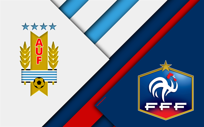 6 Uruguay vs Fransa, 4k, malzeme tasarım, Yuvarlak 8, soyut, logolar, 2018 FIFA D&#252;nya Kupası, 2018 Rusya, futbol ma&#231;ı, Temmuz, Nizhny Novgorod Stadium