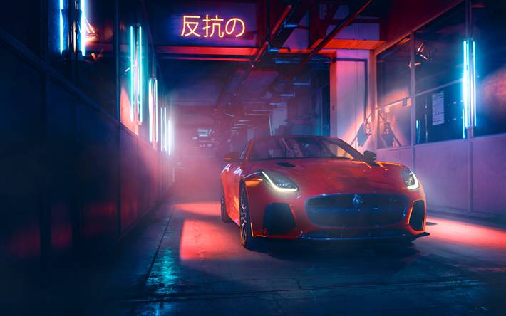 4k, Jaguar F-Type, street, 2018 cars, Japan, night, red F-Type, headlights, supercars, Jaguar