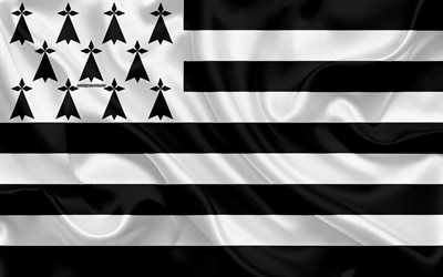 Bandera de Breta&#241;a, Gwenn ha du, 4k, seda textura, blanco negro de la bandera, Brittany, Francia