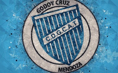 Godoy Cruz Antonio Tomba, 4k, logo, geometric art, Argentinian football club, blue abstract background, Argentine Primera Division, football, Godoy Cruz, Argentina, creative art, Godoy Cruz FC