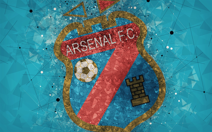 Arsenal Sarandi FC, 4k, logo, geometrinen taide, Argentiinalainen jalkapalloseura, sininen abstrakti tausta, Argentiinan Primera Division, jalkapallo, Sarandi, Argentiina, creative art, Arsenal Sarandi