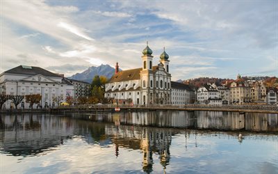 Lucerne Jesuit Church, Jesuitenkirche, Luzern, evening, Catholic church, sunset, lake, bridge, Switzerland, Lucerne