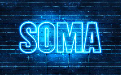 Soma, 4k, fondos de pantalla con los nombres, el texto horizontal, Soma nombre, Feliz Cumplea&#241;os Soma, popular japonesa macho nombres, luces azules de ne&#243;n, de la imagen con el nombre de Soma