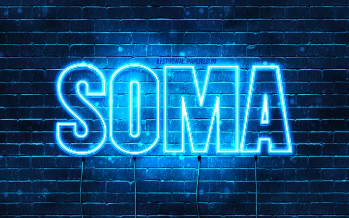 Soma, 4k, pap&#233;is de parede com os nomes de, texto horizontal, Soma nome, Feliz Anivers&#225;rio Soma, popular japon&#234;s nomes masculinos, luzes de neon azuis, imagem com o nome Soma