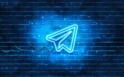 Telegram blue logo, 4k, blue brickwall, Telegram logo, social networks, Telegram neon logo, Telegram