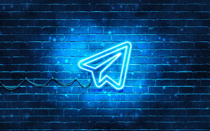 Telegram bl&#229; logo, 4k, bl&#229; brickwall, Telegram logotyp, sociala n&#228;tverk, Telegram neon logotyp, Telegram