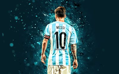 Lionel Messi, 2020 back view, Argentina national football team, 4k, football stars, blue neon lights, Leo Messi, soccer, Messi, footballers, Argentine National Team, Lionel Messi 4K