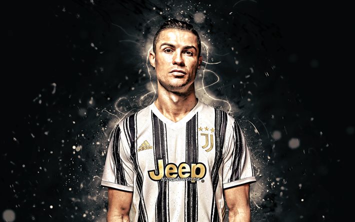 Cristiano Ronaldo, Juventus 2020 uniform, 4k, CR7, portuguese footballers, Italy, Bianconeri, Juventus FC, soccer, CR7 Juve, football stars, Serie A, Cristiano Ronaldo 4K, white neon lights