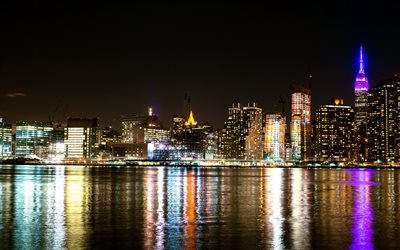 Nueva York, la noche, la bah&#237;a, la ciudad de las luces, rascacielos, estados UNIDOS