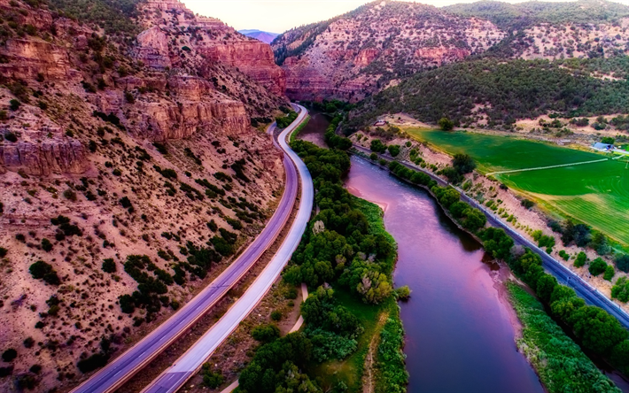 America, Colorado, mountains, river, road, valley, USA