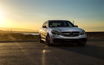 Mercedes-Benz E63 AMG, sunset, 2017 cars, german cars, silver e-class, Mercedes