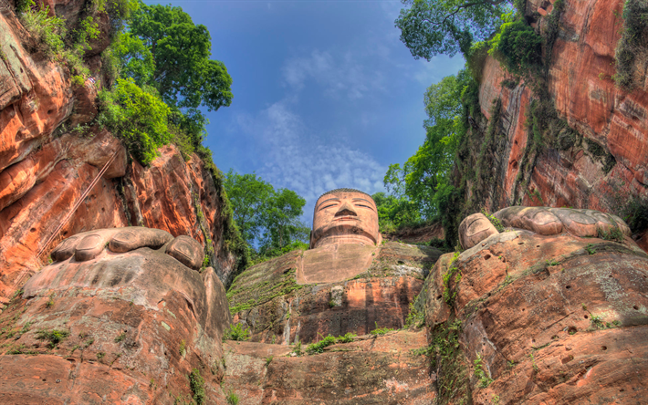 Linyong, montagne, rocce, statua di Buddha, Cina, Asia, HDR