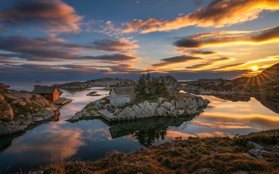 Norway, ocean, rocks, coast, sunset, bay