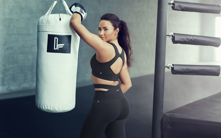 Demi Lovato, American singer, beautiful woman, womens sports outfit, actress, brunette