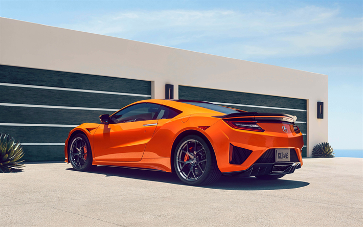 Acura NSX, 2019, 4k, takaa katsottuna, oranssi superauto, uusi oranssi NSX, Japanilainen urheiluautoja, Acura