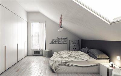 stylish gray bedroom, modern interior design, minimalism, bedroom, project