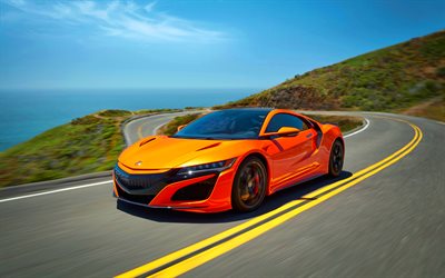 Acura NSX, 4k, il motion blur, il 2018, auto, strada, arancione NSX, auto giapponesi, Honda