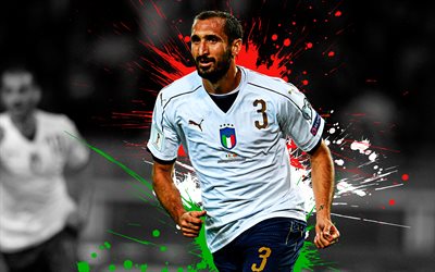 Giorgio Chiellini, 4k, Italy national football team, art, splashes of paint, grunge art, Italian footballer, creative art, Italy, football, Juventus FC, flag of Italy
