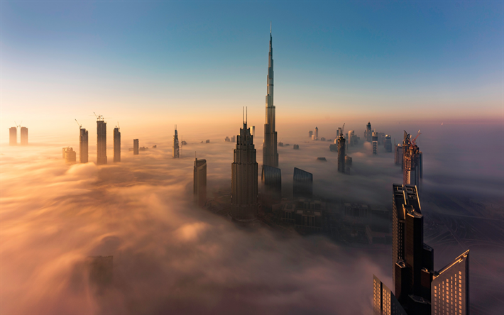 Dubai, morning, sunrise, fog, modern architecture, metropolis, skyscrapers above the clouds, UAE, Burj Khalifa