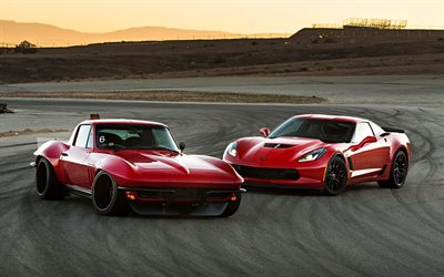 Chevrolet Corvette, evolution, red sports cars, red retro Corvette, new red Corvette, American sports cars, Chevrolet