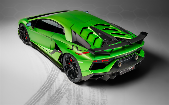 Lamborghini Aventador SVJ, 2018, 4k, top view, green supercar, new green Aventador, tuning, Italian sports cars, Lamborghini
