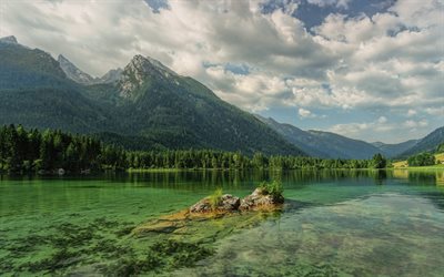 Lake Hintersee, 4k, dağlar, Avusturya doğa, yaz, Ramsau, Avusturya, Avrupa