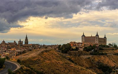 Toledo, outono, Alcazar de Toledo, paisagem urbana, noite, p&#244;r do sol, Espanha
