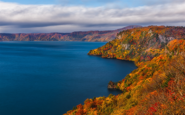 paisagem de outono, lago, costa, amarelo &#225;rvores, outono, Jap&#227;o