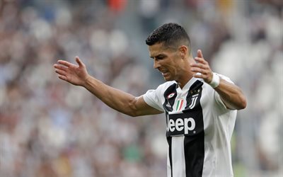 Cristiano Ronaldo, 4k, Portuguese footballer, Juventus FC, disappointment, portrait, new Juventus logo, Serie A, Italy, football