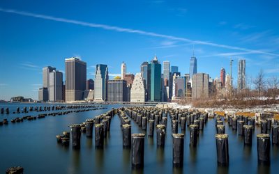 Nueva York, la bah&#237;a, la costa, paisaje urbano, rascacielos, Centro de Comercio Mundial 1, estados UNIDOS