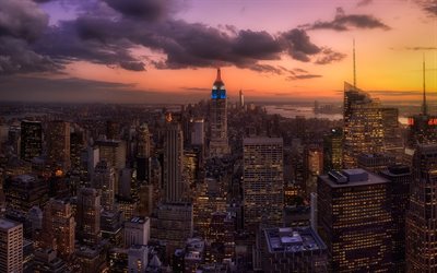 Manhattan, puesta de sol, de Nueva York, panorama, ciudad de noche, NY, estados UNIDOS, Am&#233;rica