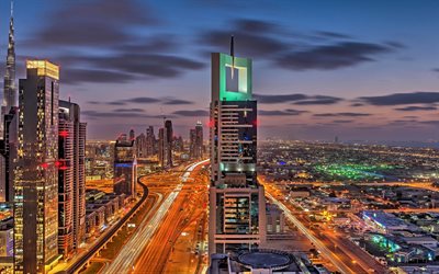 Dubai, UAE, evening, city lights, freeway, highway, road junction, skyscrapers