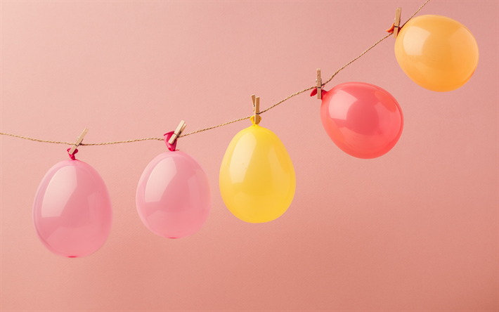 البالونات الملونة, الخلفية الوردي, بالونات على حبل, الديكور, عطلة