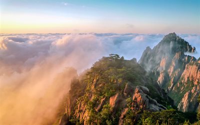 Huangshan Yunhai, berg, morgon, soluppg&#229;ng, Kina, Asien