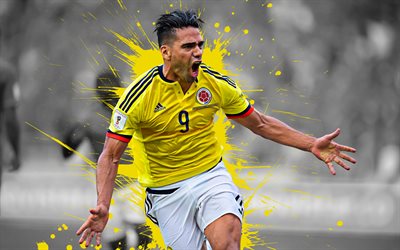 Radamel Falcao, 4k, Colombia national football team, art, splashes of paint, grunge art, Colombian footballer, creative art, Colombia, football, Radamel Falcao Garc&#237;a Zarate
