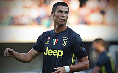 Cristiano Ronaldo, match, CR7 Juve, black uniform, Juventus, soccer, Serie A, Ronaldo, CR7, footballers, Juventus FC, Bianconeri