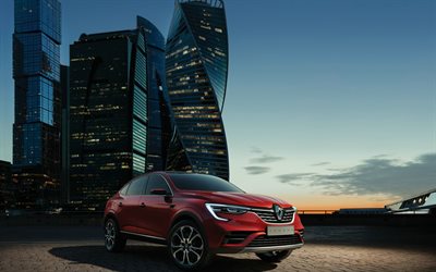 Bakom Renault, 2018, Moscow City, skyskrapor, nya crossover coupe, nya r&#246;da Arkana, Moskva, Ryssland, Franska bilar, Renault