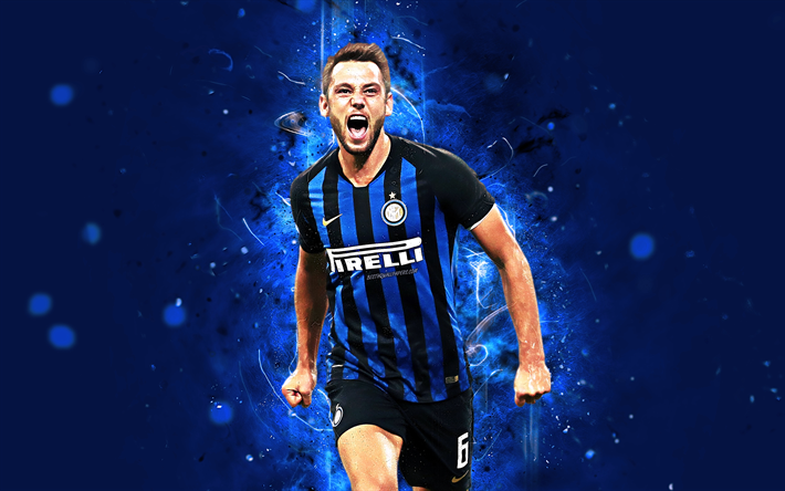 Stefan de Vrij, 4k, abstract art, Internazionale, Italy, football, Serie A, De Vrij, Inter Milan, soccer, italian football club, footballers, neon lights, Inter Milan FC, Dutch footballer