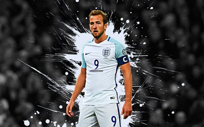 Harry Kane, 4k, England national football team, art, splashes of paint, grunge art, English footballer, forward, creative art, England, football