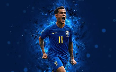 4k, Philippe Coutinho, blue uniform, abstract art, Brazil National Team, fan art, Coutinho, soccer, footballers, neon lights, football stars, Brazilian football team