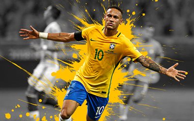 Neymar Jr, 4k, Brazil national football team, art, splashes of paint, grunge art, Brazilian footballer, forward, creative art, Brazil, football