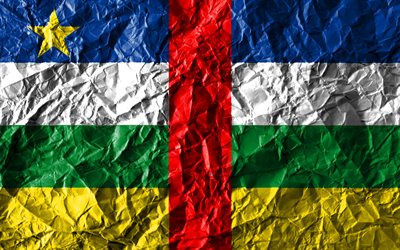 Bandeira de CARRO, 4k, papel amassado, Pa&#237;ses da &#225;frica, criativo, Bandeira da Rep&#250;blica Centro-Africana, s&#237;mbolos nacionais, &#193;frica, Central Africano Rep&#250;blica