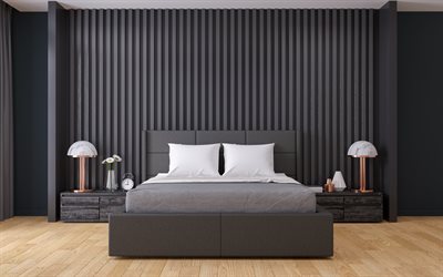 stylish interior, bedroom, gray in the bedroom, loft style, black walls in the bedroom, modern interior design, modern style, bedroom project