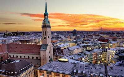 Munich, soir&#233;e, coucher du soleil, paysage urbain, les toits de Munich, Bavi&#232;re, Allemagne