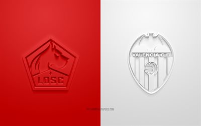 LOSC Lille vs Valence CF, de la Ligue des Champions, 2019, promo, match de football, Groupe H de l&#39;UEFA, l&#39;Europe, le LOSC Lille, Valence CF, art 3d, logo 3d, Lille vs Valence